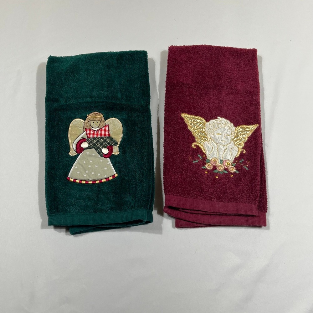 Holiday Hand Towels Green Burgundy Embroidered Angel Set 2 Christmas Decor